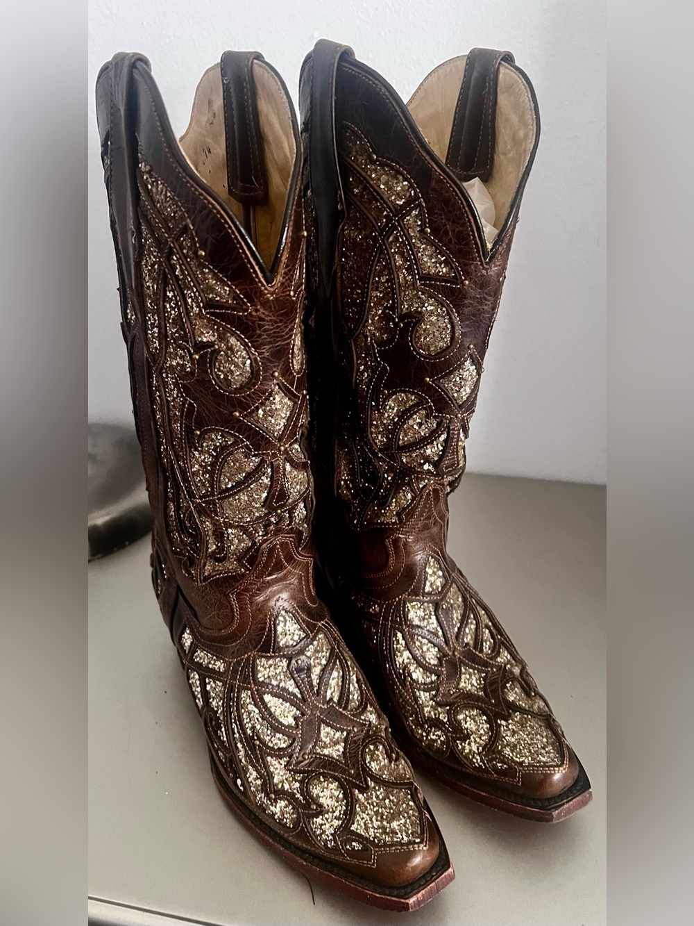 Boots woman 100 leather Harman Brown Cowboy Boot with moca & Glitter Inlay 8.5